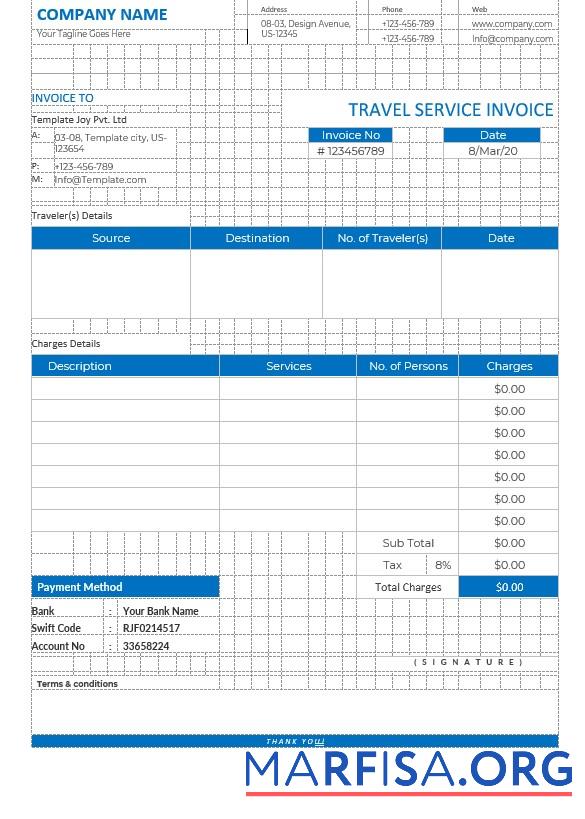 Downloadable Editable Travel Service Invoice Template